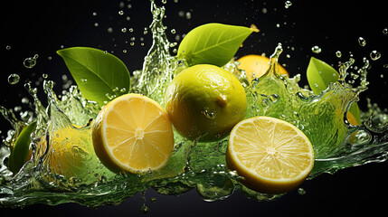 Splashing Fresh Green Lemon Glistening Citrus Delight with Water Droplets