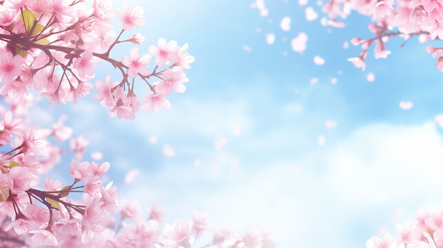 Spring background with a branch of cherry blossoms in the garden. Cherry blossom frame