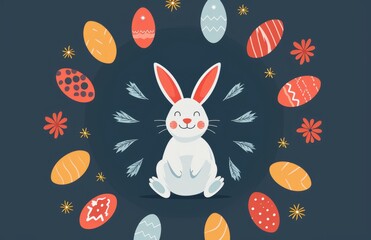 Cute bunny with colorful painted Easter eggs. Concept of happy Easter day.