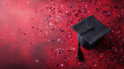 Student cap, graduation cap, diploma, banner: a triumphant celebration marking the end of the school year, embracing academic achievement and success with the issuance of diploma certificates. - obrazy, fototapety, plakaty