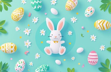 Cute bunny with colorful painted Easter eggs. Concept of happy Easter day.