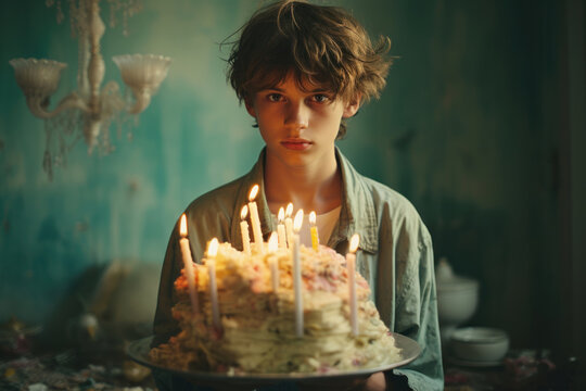 Melancholic Boy with Birthday Cake and Candles