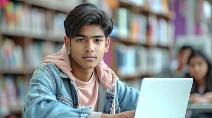 Indian man working on laptop at co working space, freelancer or student with bright light