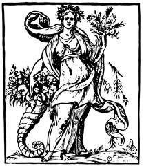 Allegorical Personification of Abundance: Renaissance Woodcut with Cornucopia and Harvest