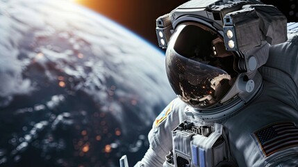 International Day of Human Spaceflight. An astronaut in a spacesuit on the background of planet Earth. - obrazy, fototapety, plakaty