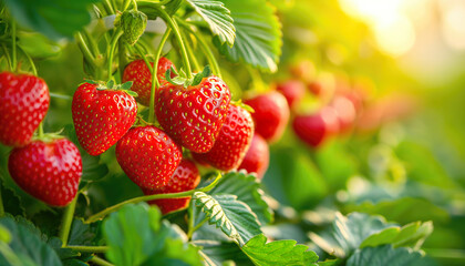Close-up of ripe strawberries in sunlight, ready for harvest - obrazy, fototapety, plakaty
