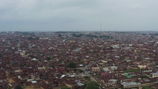 Aerial view of brown roof buildings in Ibadan the largest west african city, Nigeria.