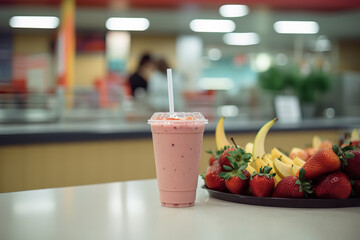 A school cafeteria featuring a smoothie and juice bar - offering a variety of fresh fruit options...