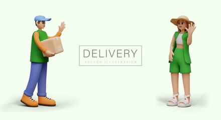 Professional courier in uniform holding cartoon parcels and delivering to happy clients. Young lady waiting for parcel. Vector illustration in 3d style with place for text