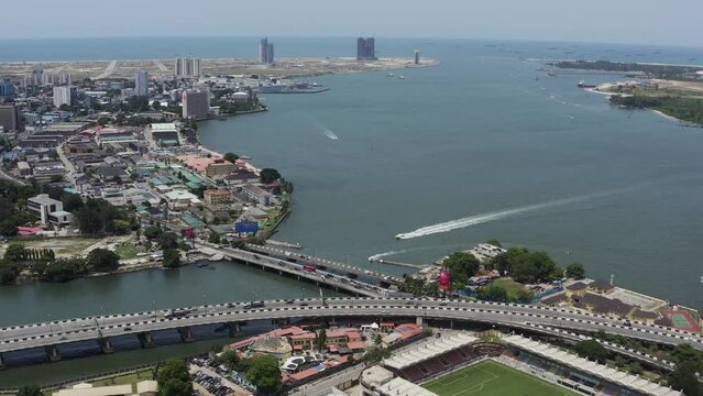 Aerial view of Lagos Business District along the Marina and jetty, Nigeria.