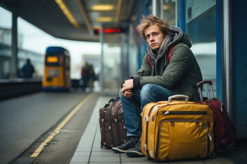 Upset Young Man Missed His Bus at Station - 710712156