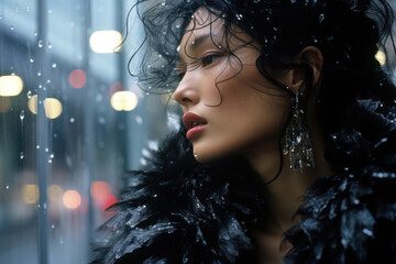 Elegant Woman by Rainy Window - 710712176