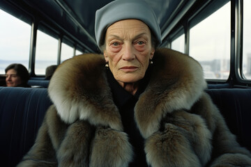 Elderly Lady in Fur Coat on Bus