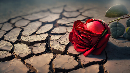 Czerwona róża na spękanej ziemi - obrazy, fototapety, plakaty