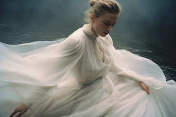 Fototapeta premium Young woman in flowing white dress posing serene water backdrop