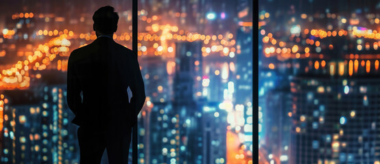 A contemplative businessman silhouetted against the glittering backdrop of a city's nocturnal pulse