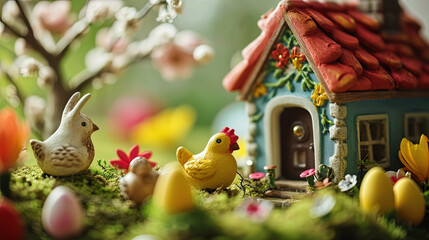 Easter toys and jewelry for a house in the form of bright hares and chickens