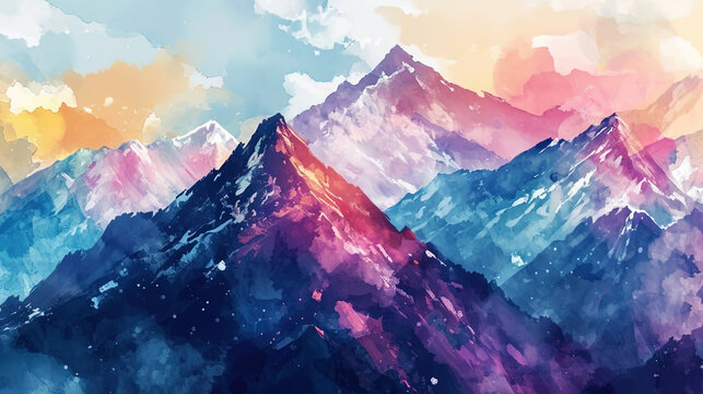 Emotional watercolor pattern conveying the greatness of the mountain landscape using dynamic color
