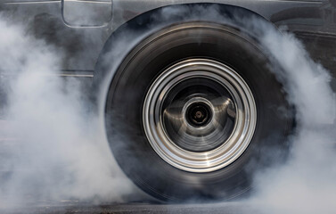 Car burnout wheels tire with white smoke,Car wheel burnout with smoke from the spinning tyre, Drag car wheel burns tires preparation for the race. © Darunrat