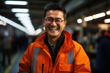 Naklejka premium Smiling Asian Man in Orange Work Jacket at Industrial Site