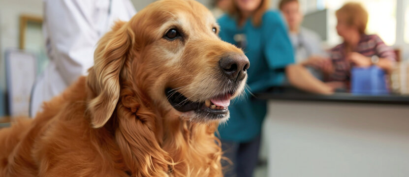A cheerful golden retriever waits at the vet's office, a picture of loyalty and anticipation amid the hustle