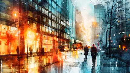 Mysterious watercolor depicting a city evening with lights and reflection in the glass facades of
