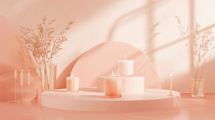 Cozy candles in glass jars with plants, pastel peach coral colors