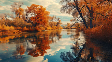 The autumn river, where water reflects multi colored shades of autumn trees, like the magic of nat