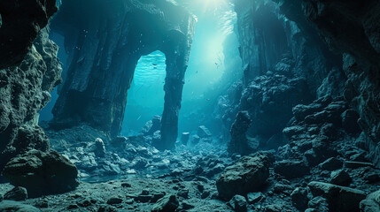 The mysterious rocky landscape at the bottom of the ocean, like the ancient ruins of the underwate