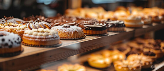 An array of exquisite pastries temptingly displayed, offering a feast for the eyes in a cozy bakery ambiance