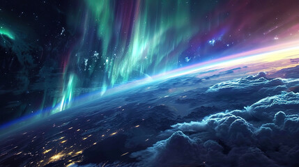 The panorama of the orbit, on which the colorful lights of the northern lights are visible, creati