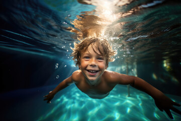 Boy Smiling Underwater in Sunlit Pool - 710713546
