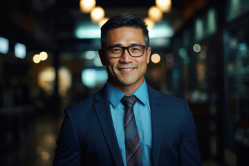 Fototapeta premium Asian Businessman with a Confident Smile in Office Setting