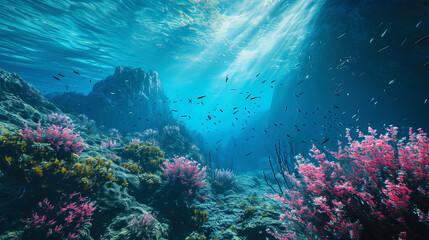Fototapeta premium Underwater mountains covered with marine plants, creating fantastic contours, like overshadowing t