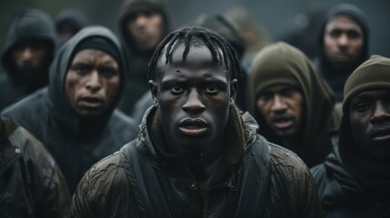Group of Men with Determined Expressions in Rain