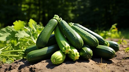 Abundant zucchini harvest growing on a sun drenched open plantation during a beautiful summer day.
