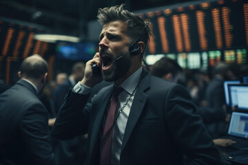 Focused Stock Trader Talking on Phone in Busy Exchange