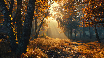 Autumn forest, full of mysterious shadows and golden light penetrating through trees