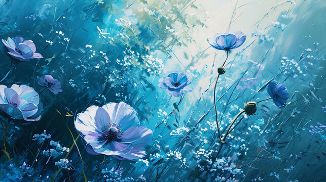 An oil picture with an abstract background, where delicate transitions between flowers create an a