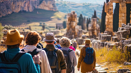 A group of tourists on excursions on historical ruins, feeling the antiquity and wisdom of past er