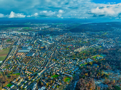 Aerial view of the city of Zurich in the winter morning, Switzerland.