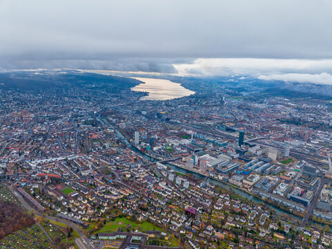 Aerial view of the city of Zurich in the winter morning, Switzerland.