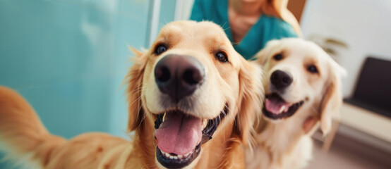 Two golden retrievers beam with joy, their cheerful faces up-close and personal, capturing the heartwarming bond between pets and humans