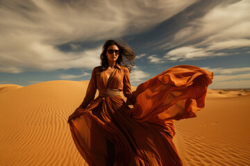 Fashionable Woman in Flowing Dress in Desert Dunes
