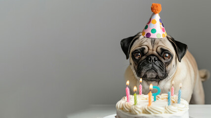 Pug dog wearing a birthday hat in front of a birthday cake isolated on white background