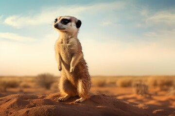 An inquisitive meerkat standing alert on its hind legs, scanning the horizon in the desert.