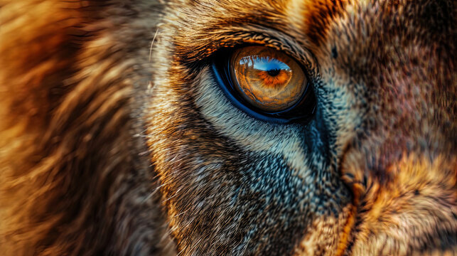 The eye of a lion, full of greatness and leadership wisdom, like a symbol of the kingdom of Savann