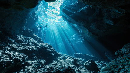 The mysterious shadows at the bottom of the ocean, created by underwater grottoes and caves, like - obrazy, fototapety, plakaty