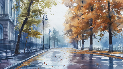 The watercolor landscape of the city on a rainy day, where rain drops create an atmosphere of fres