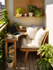 A small balcony for relaxing and working, with furniture and plants. Freelancer's desk